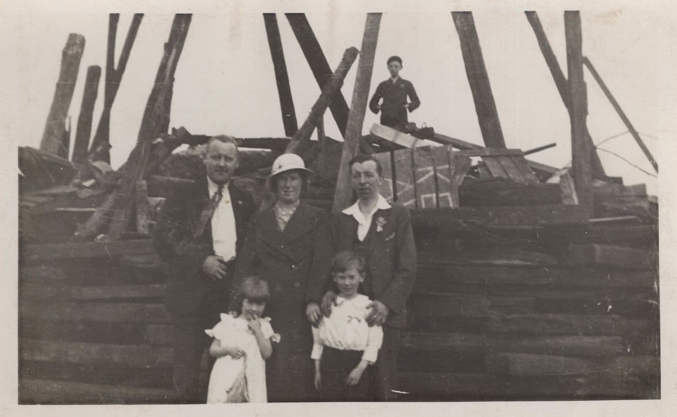 Family At Keep Away Warning Disaster Site Old RPC Postcard