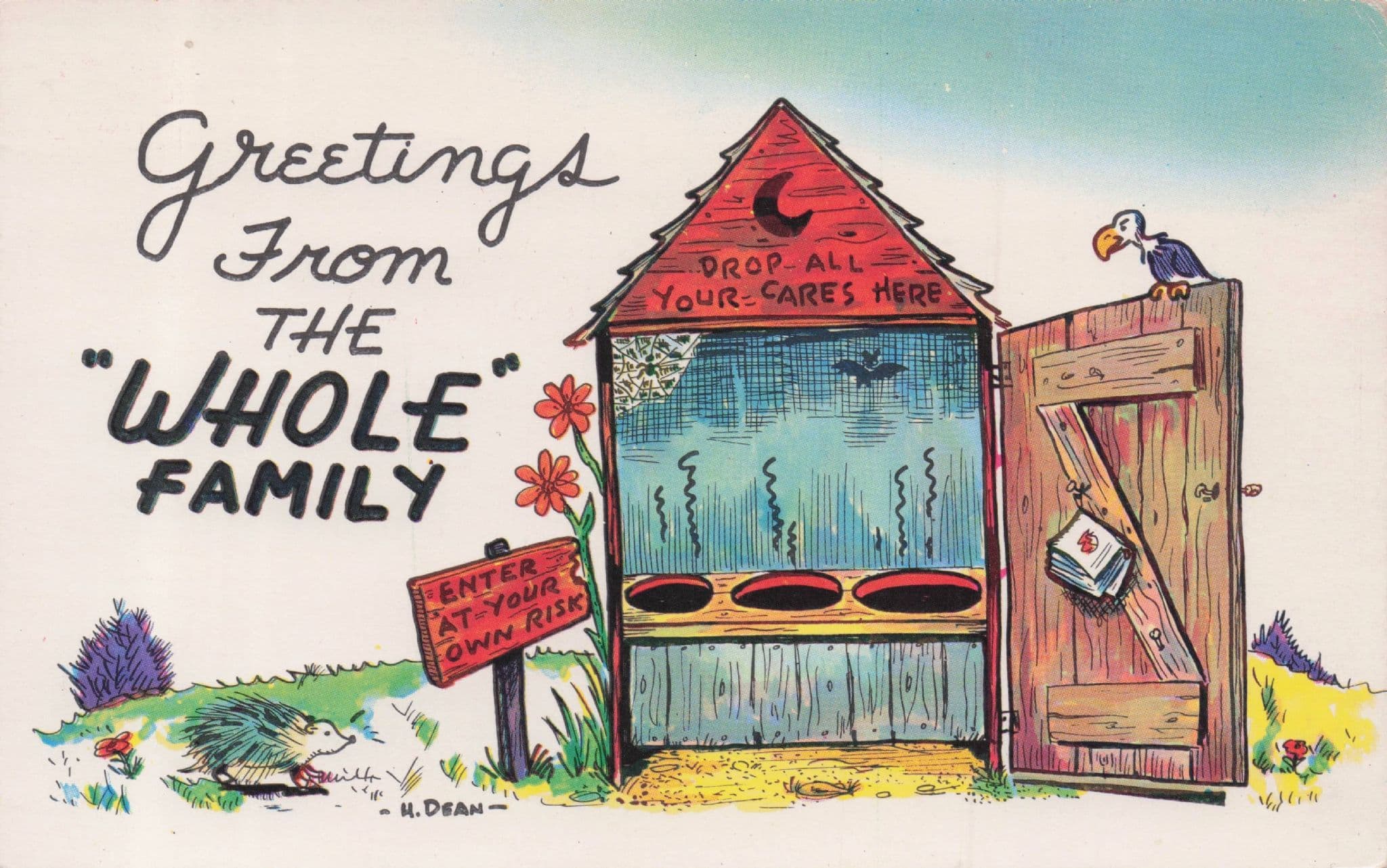 Family Greetings Outside Toilets Shed Old 1970s Comic Postcard