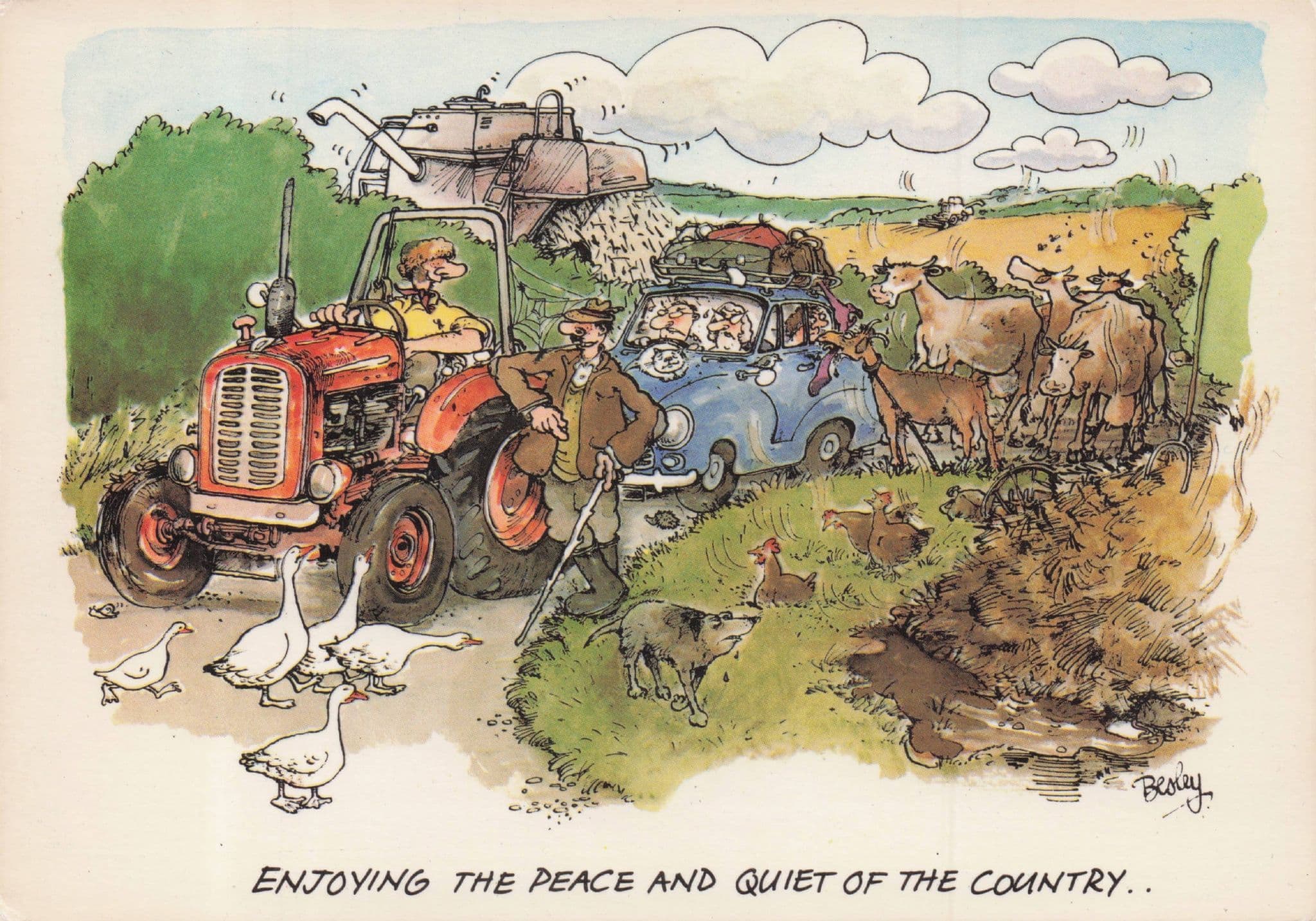 Farmer Tractor Causes Transport Disaster Traffic Pile Up Comic Postcard