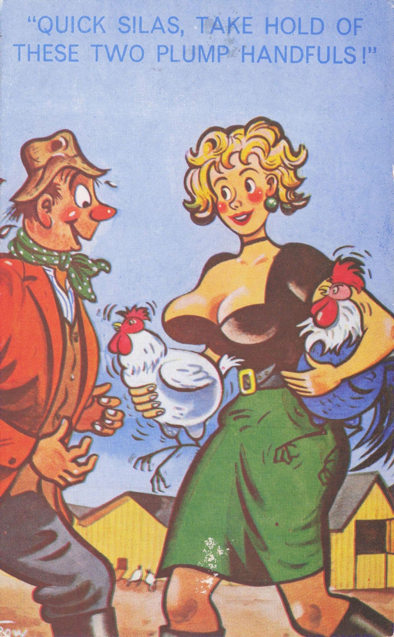 Farmers Wife Hen Birds Handful Vintage 1960s Comic Postcard