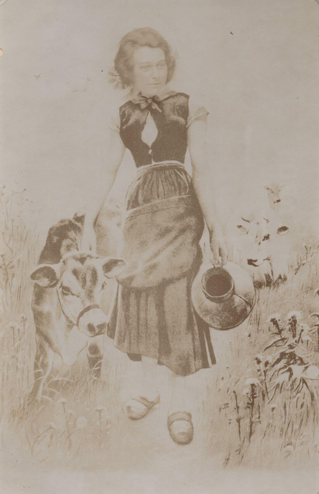 Farming Farmer Lady In Sexy Risque Dress With Cow Antique RPC Postcard