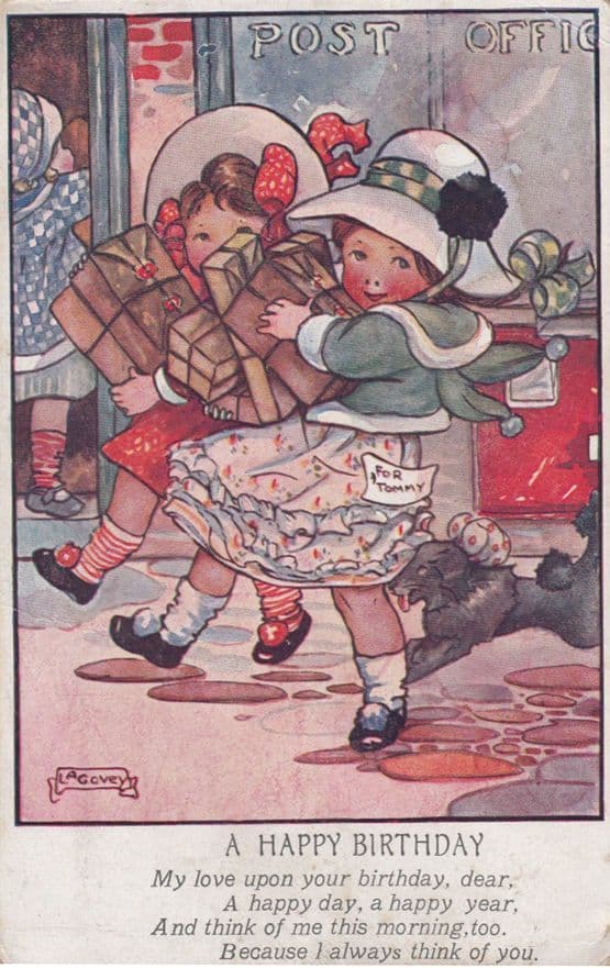 Fat Children At Post Office Buying Birthday Presents Old Greetings Postcard