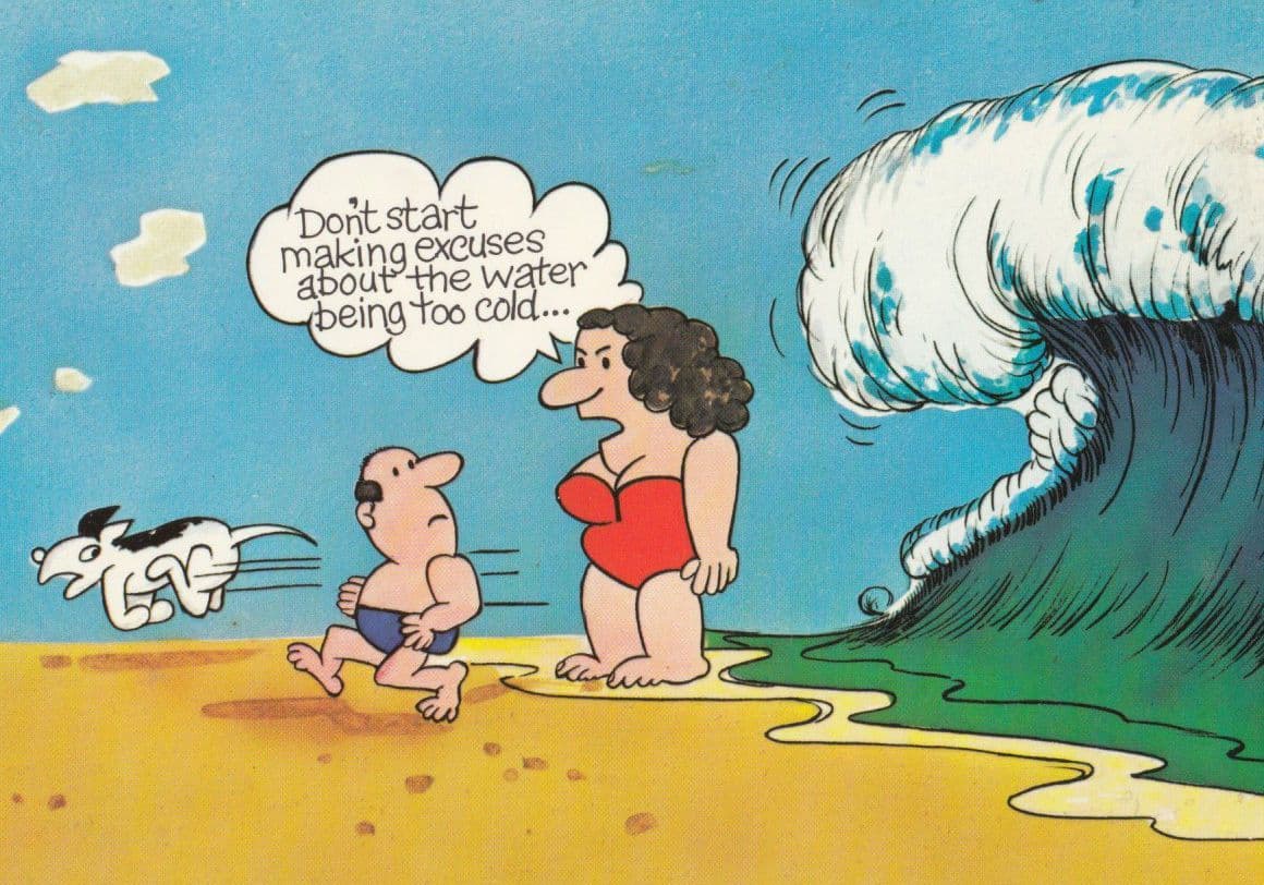 Fat Lady Being Swallowed Up By High Tide Comic Humour Postcard
