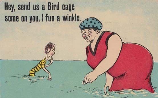 Fat Lady Swimming Looks For Bird Animal Cage In Water Antique Comic Postcard