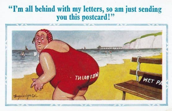 Fat Lady With Wet Paint Sign on Her Bum Beach Park Bench Comic Humour Postcard