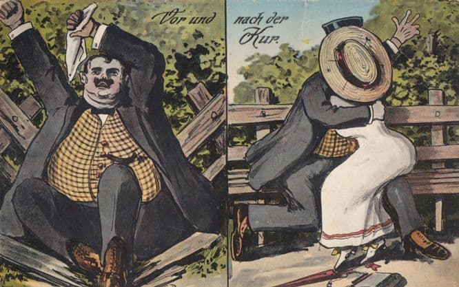 Fat Man Crashing Park Bench Antique Postcard