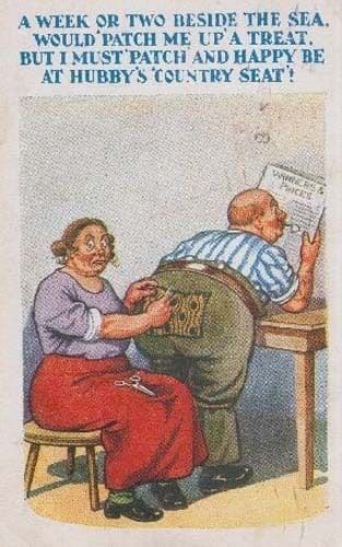 Fat Man Trousers Embroidery Being Mended Mending Antique Comic Humour Postcard