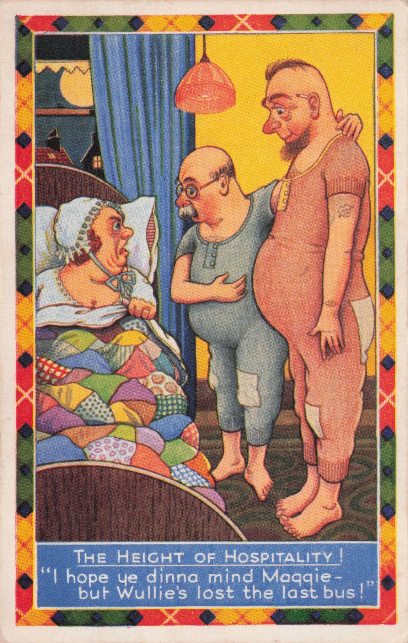 Fat Pot Belly Man Old Fashioned Pyjamas Last Bus Comic Postcard