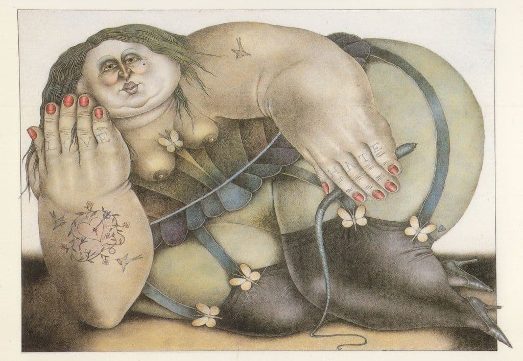 Fat Whip Lady With Tattoo Comic Fantasy Art Painting Postcard