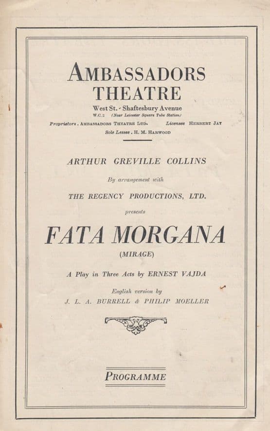 Fata Morgana Roger Livesey Drama Ambassadors 1924 Antique Theatre London Programme