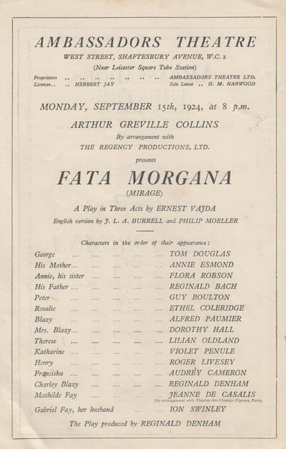 Fata Morgana Roger Livesey Drama Ambassadors 1924 Antique Theatre London Programme
