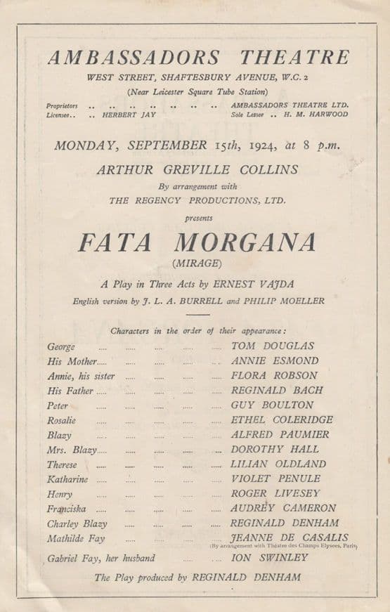 Fata Morgana Roger Livesey Drama Ambassadors 1924 Antique Theatre London Programme