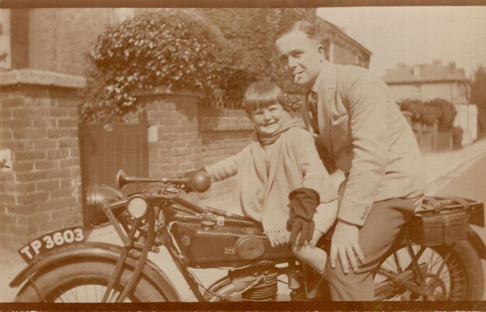 Father Smoking On Antique Motorcycle & Hooter With Boy Old Postcard