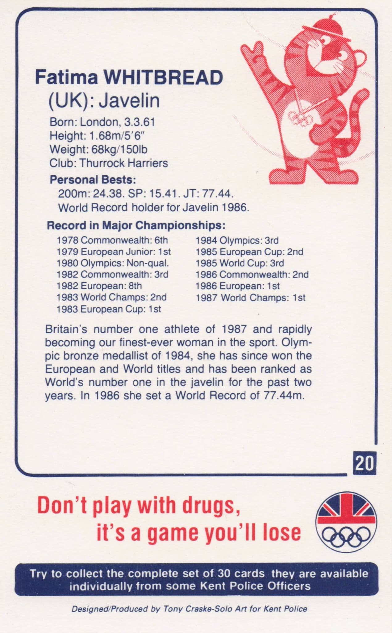 Fatima Whitbread GB Javelin Olympics 1988 Rare Police Trade Photo Card