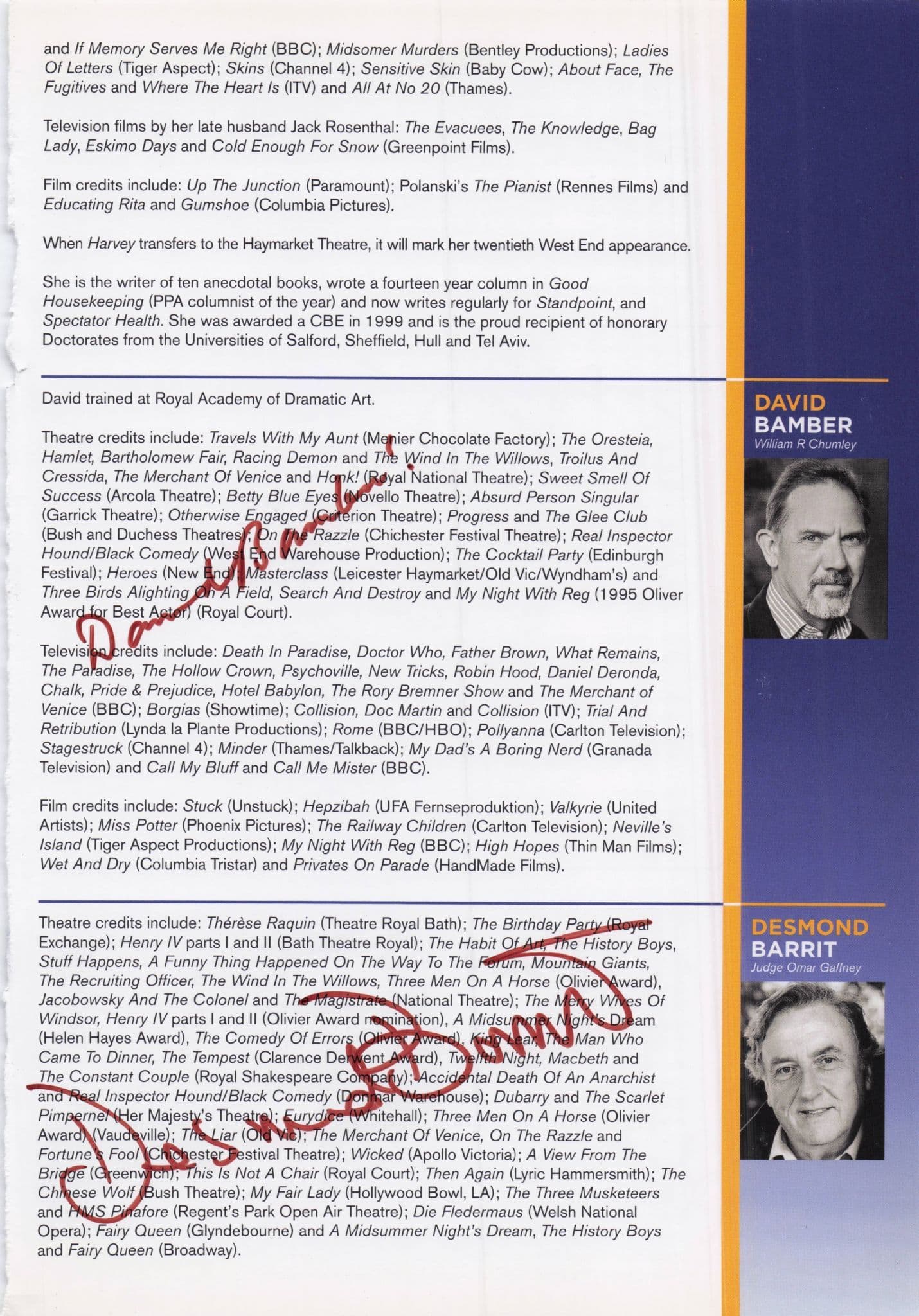 Felicity Dean Amanda Boxer David Bamber Harvey 4x Hand Signed Theatre Page
