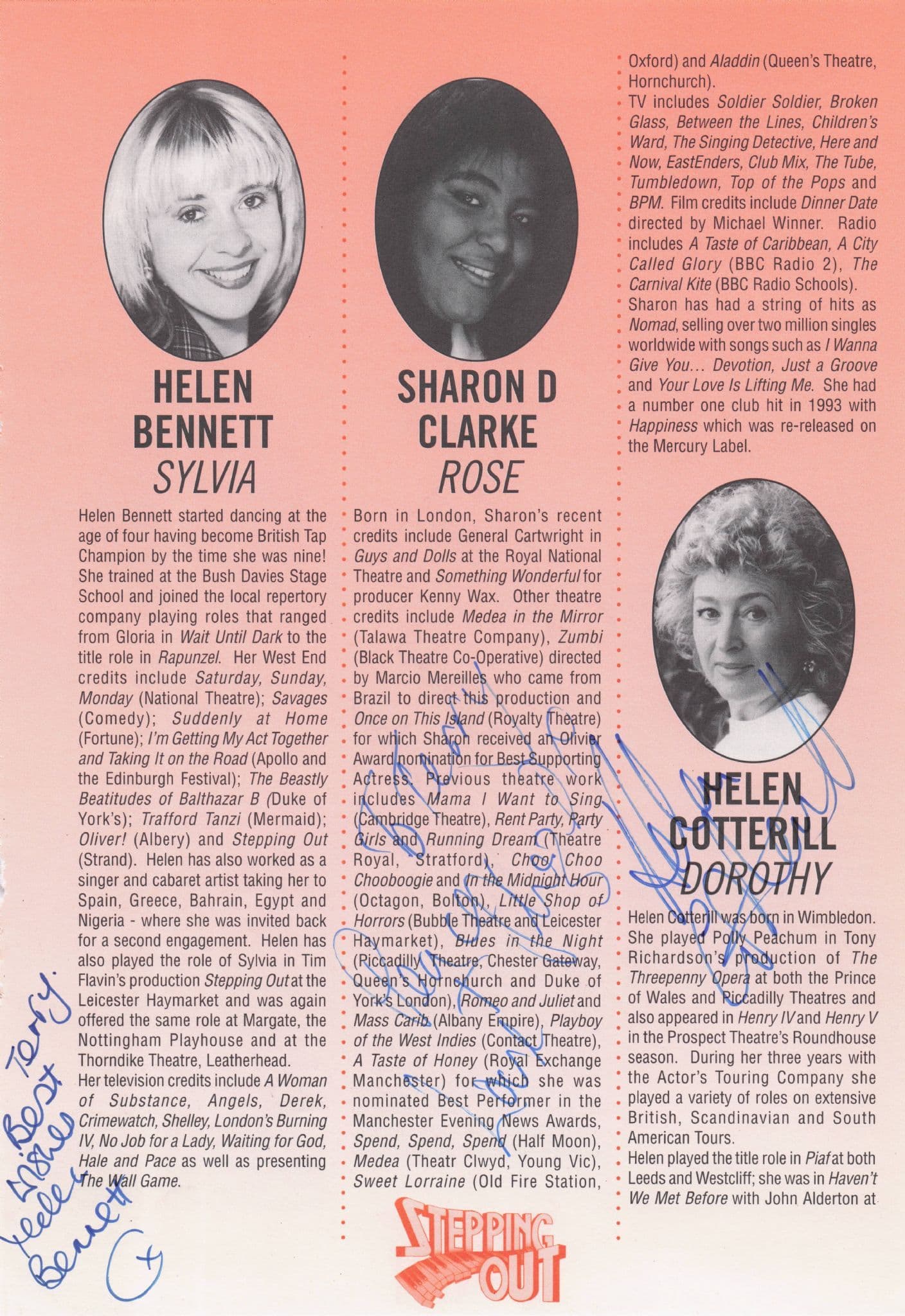 Felicity Goodson Sharon D Clarke Helen Bennett 5x Hand Signed Theatre Page