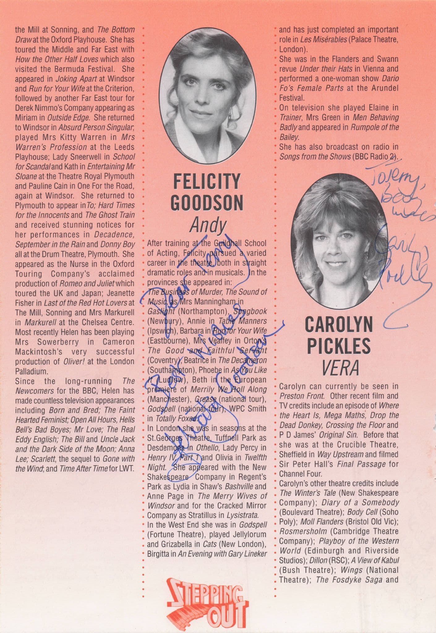 Felicity Goodson Sharon D Clarke Helen Bennett 5x Hand Signed Theatre Page