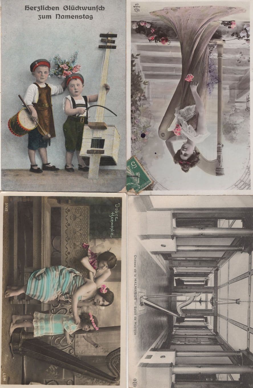 Female Harp Players & Amazing German Musical Instrument 4x Postcard s