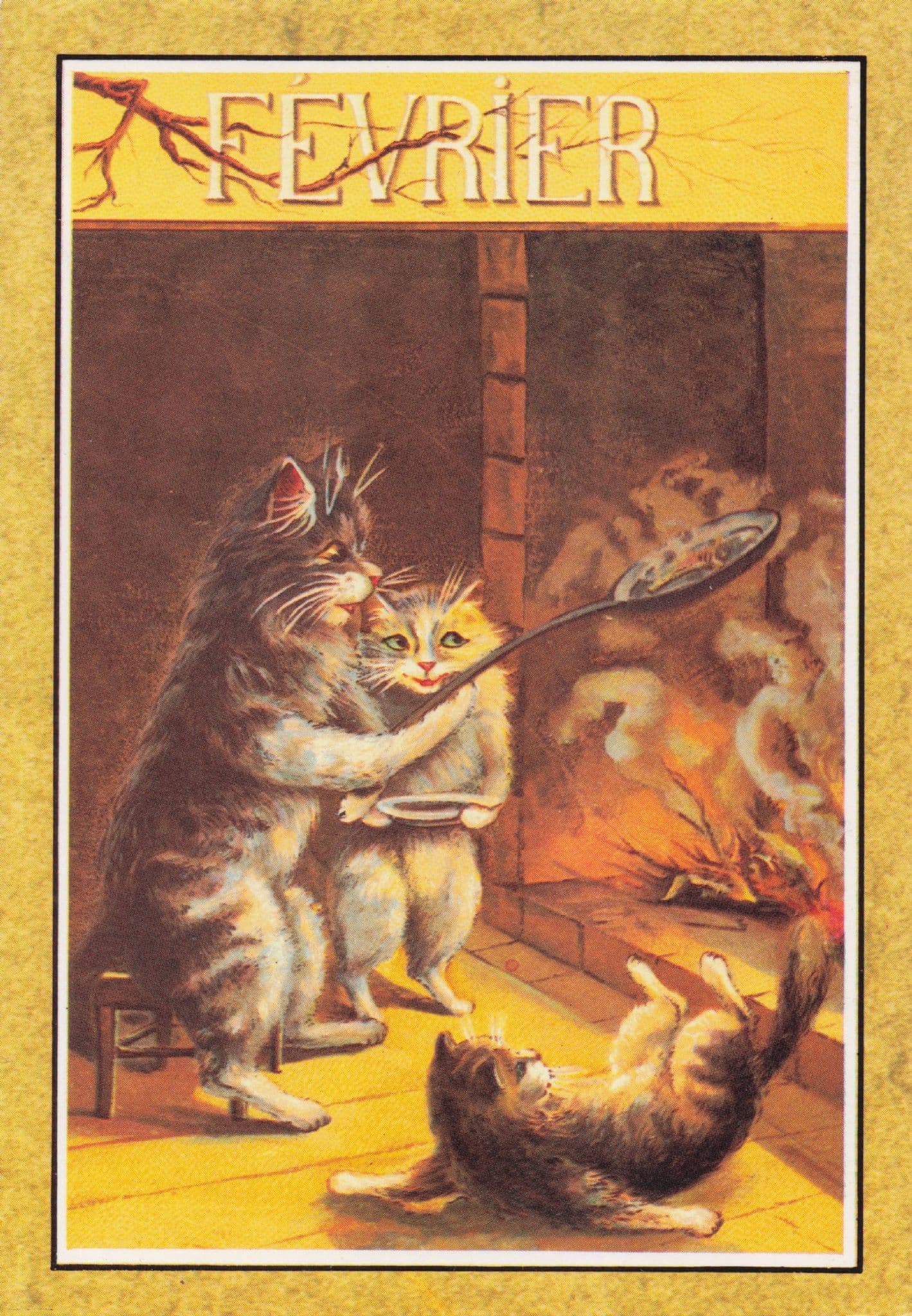 Fevrier Cats By Log Fire Warming Paws Calendar French Cat Postcard