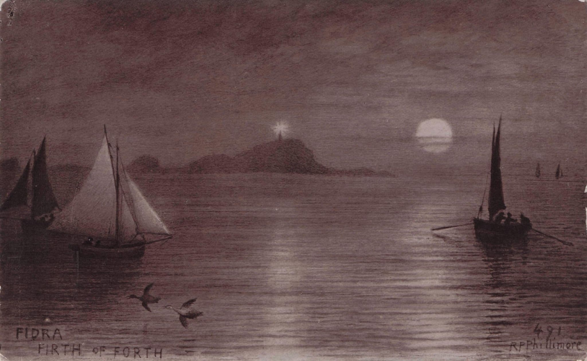 Fidra Sailing Boats in Sunset Silhouette Firth Of Forth Phillimore Postcard