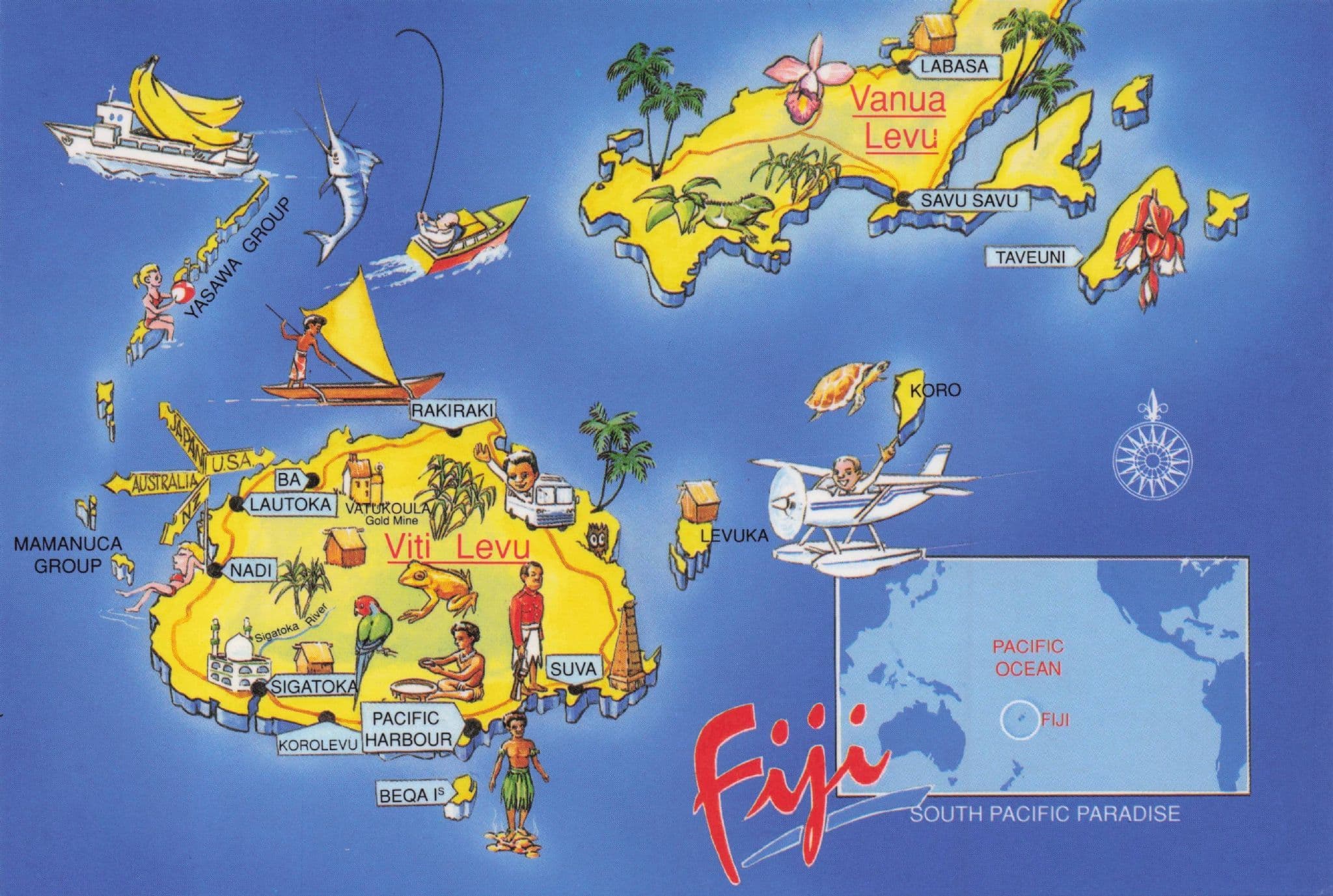 Fiji Islands Aircraft Boats Birds Stunning Map New Zealand Postcard
