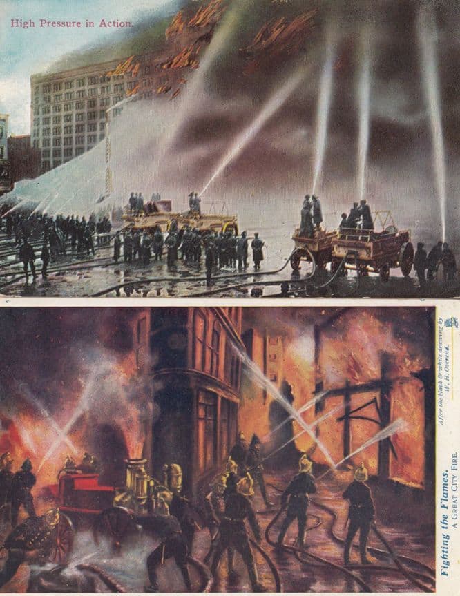Fire Brigade High Pressure Skyscraper Fire in Action 2x Antique Postcard s