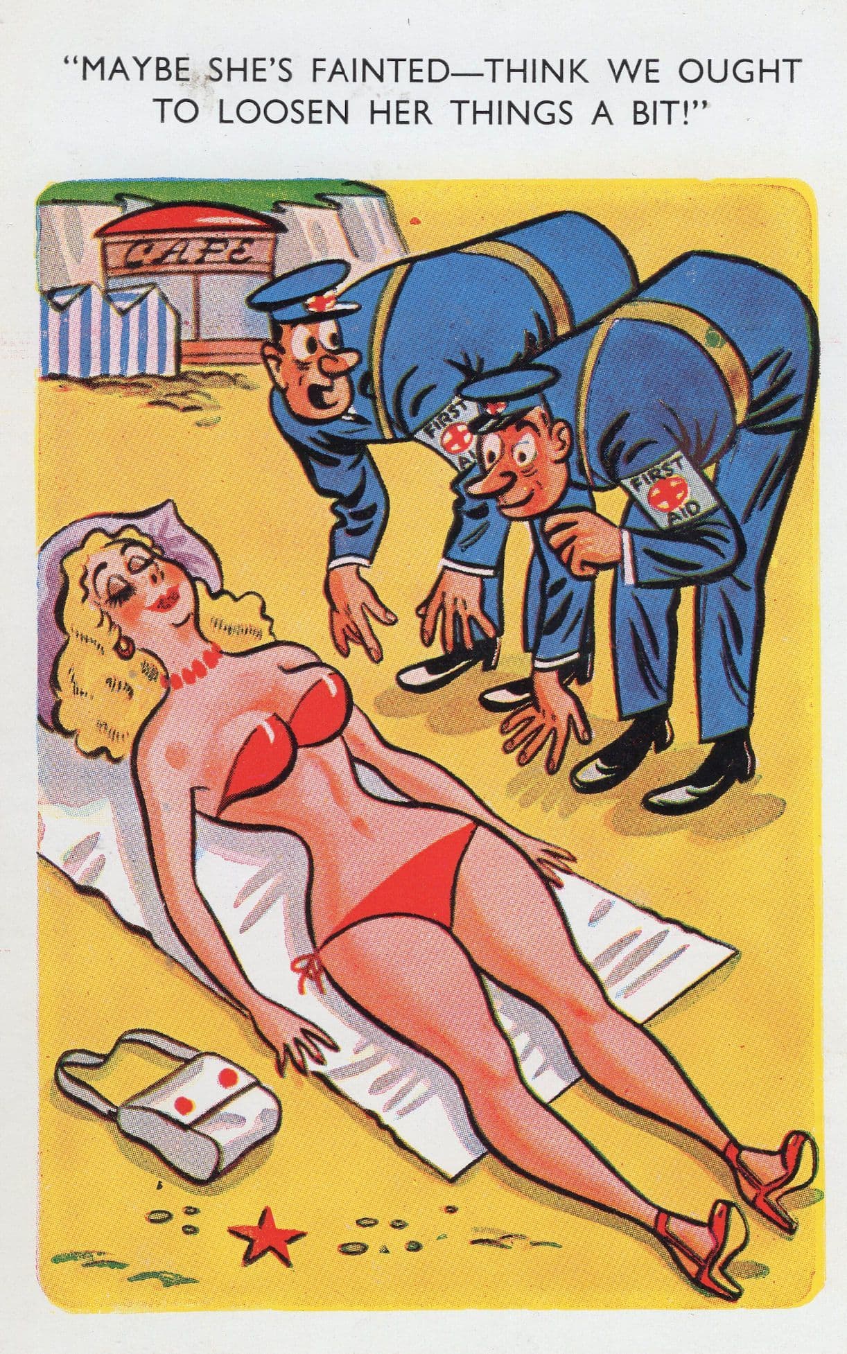 First Aid Beach Patrol Helping Lady Fainted Big Boobs Comic Postcard