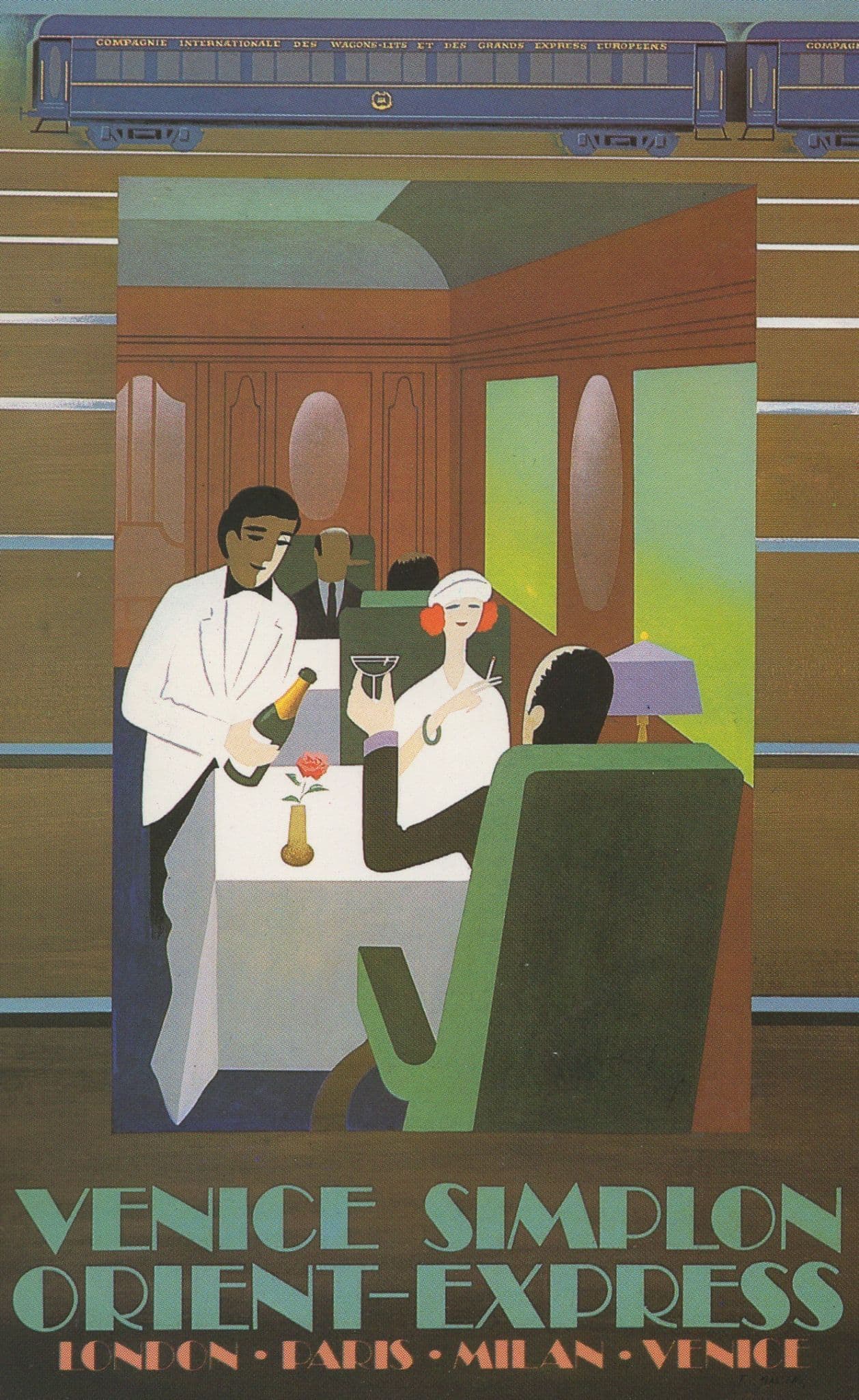 First Class Dining Carriage Buffet Orient Express Train Art Deco Postcard