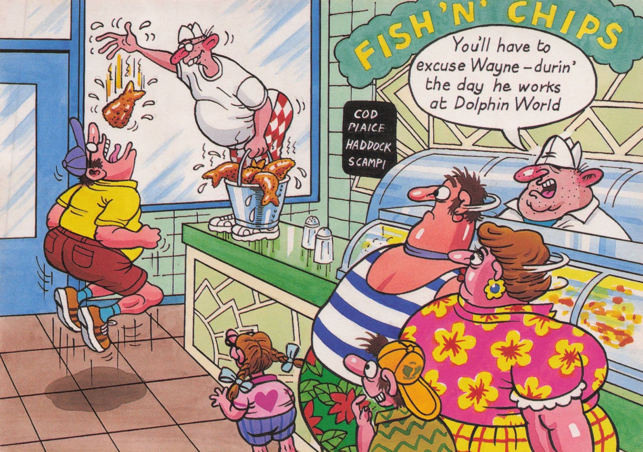 Fish & Chip Shop Takeaway Dolphin Training Food Comic Postcard