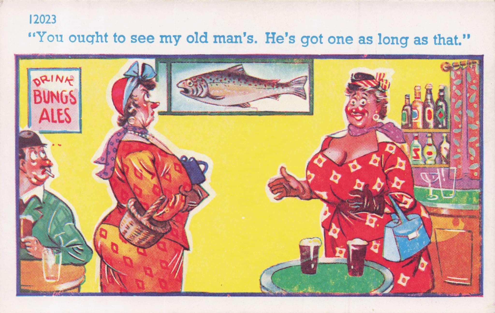 Fish Painting In Pub African Lady Boasting Sex Size Old Comic Postcard
