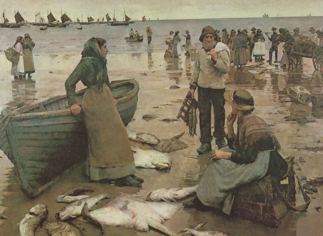 Fish Sales On A Cornish Beach Fishing Cornwall Painting Postcard