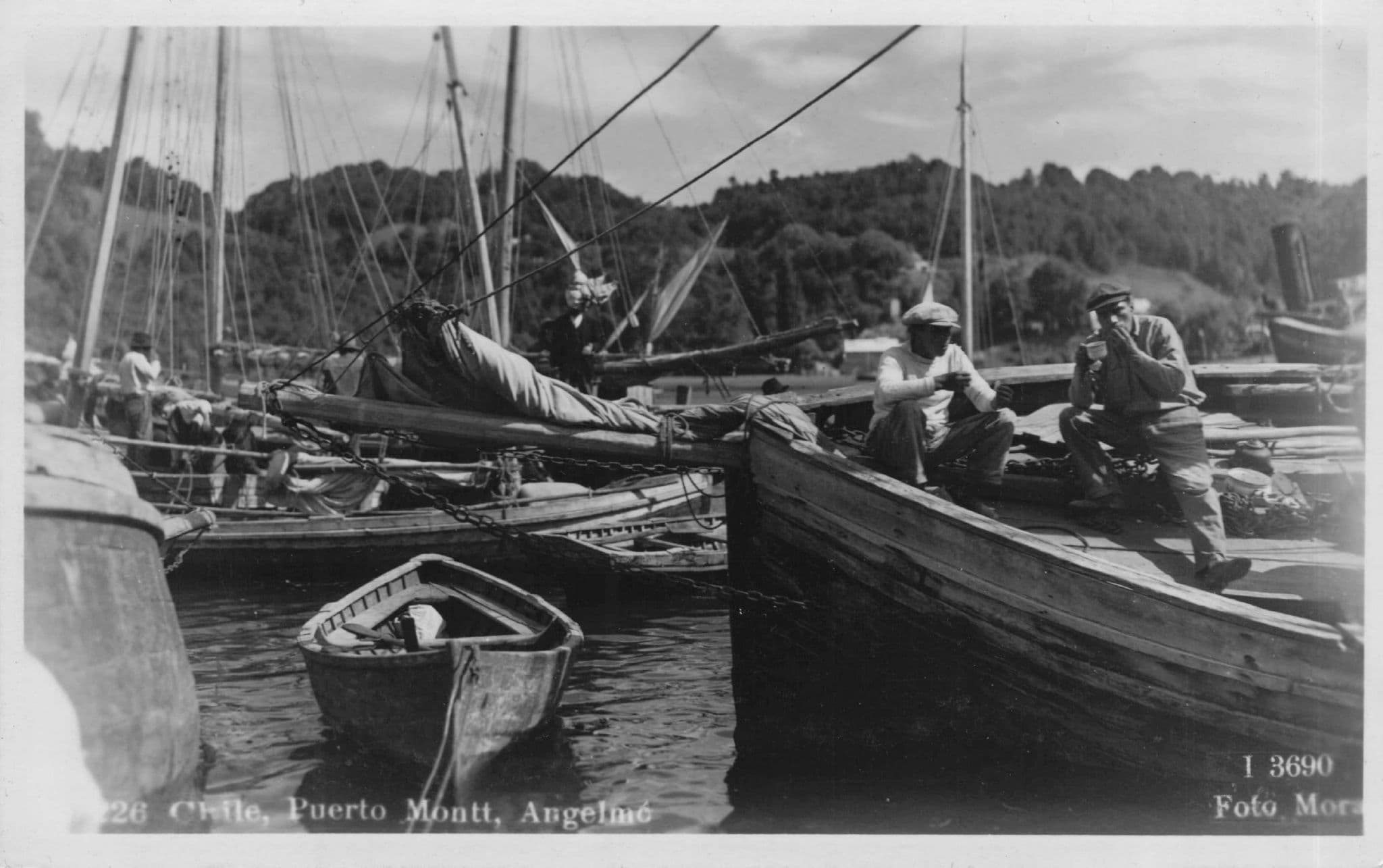 Fishermen Angling Boats at Port Montt Chile Real Photo Old Postcard