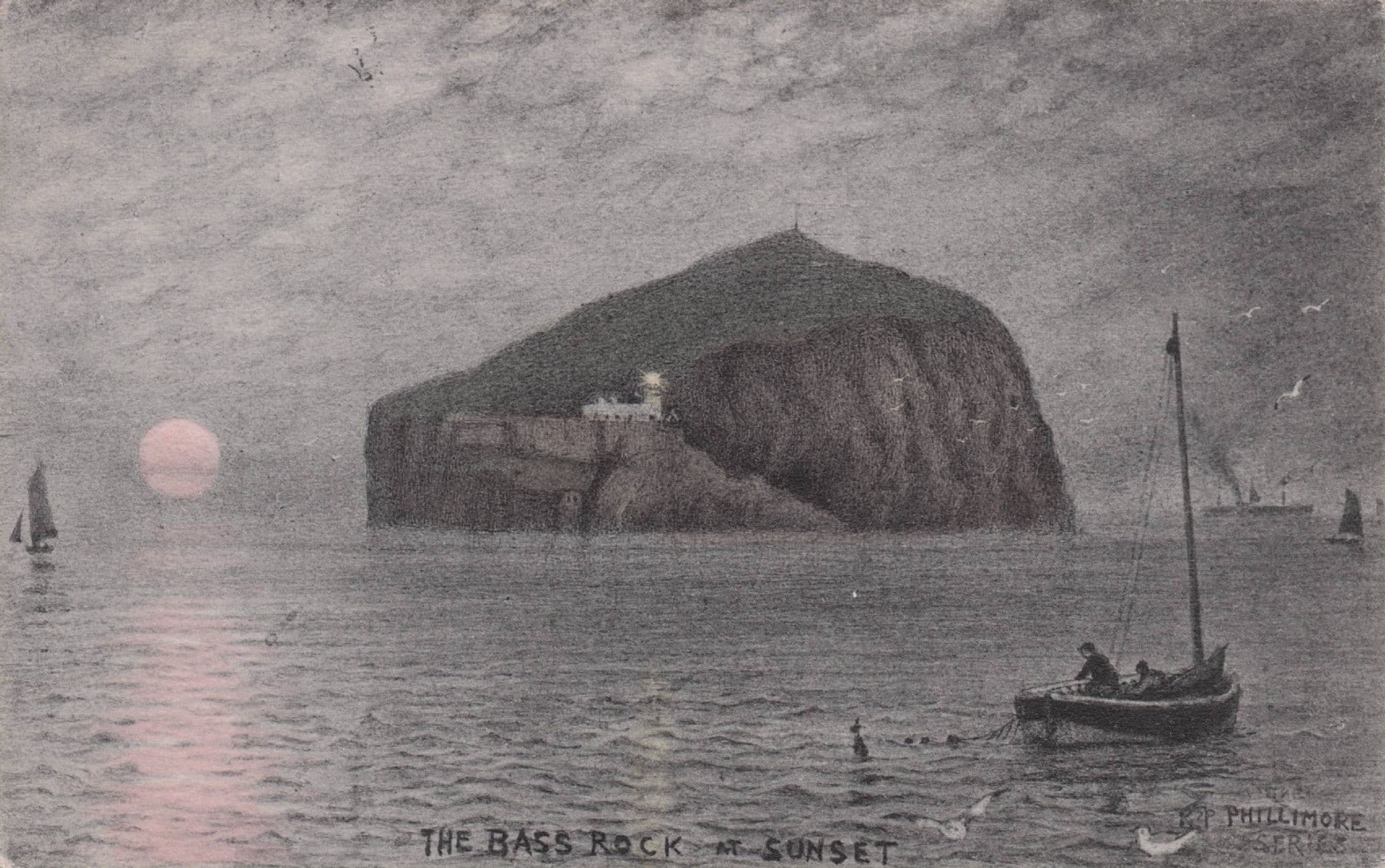 Fishing Boat at Bass Rock Sunset Sea Shimmer Phillimore Old Postcard