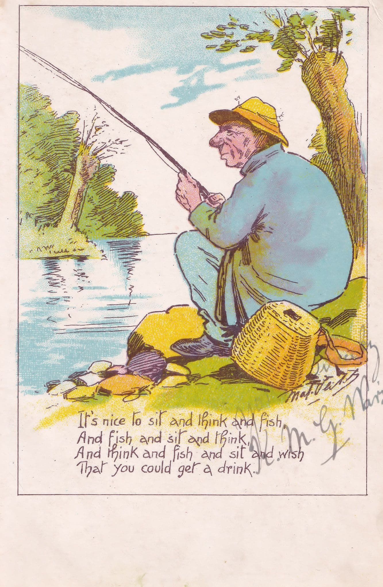 Fishing By River Antique Fish Comic Humour Postcard