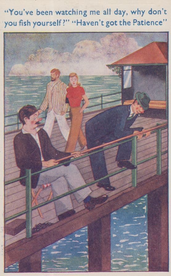 Fishing Fisherman On Pier Nosey Parker Spectator 1960s Comic Humour Postcard