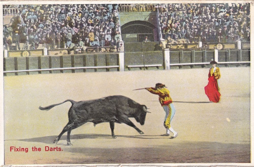 Fixing The Darts Fun Bullfight Bullfighting Antique Spanish Postcard