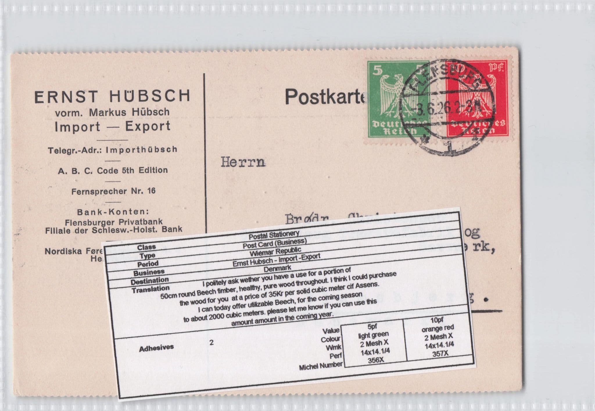 Flensburg Wood Timber Import Export Company German Old Postcard
