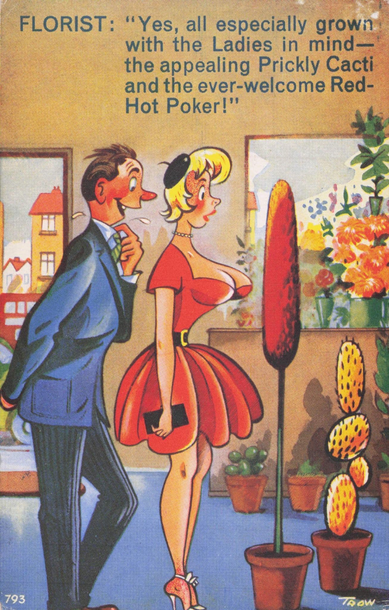 Florist Shop Cactus Plants Hot Poker Sexy Lady 1960s Comic Postcard