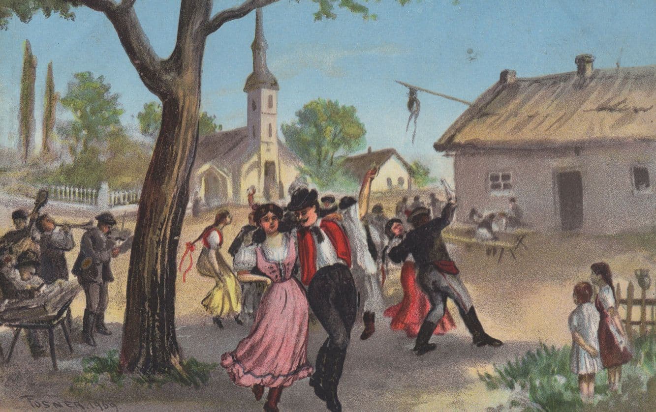 Folk Dancing Antique Polish Painting Postcard