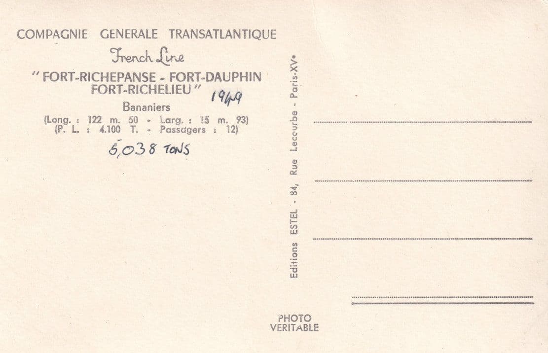 Fort Richepanse Richelieu French Line Ship RPC Postcard