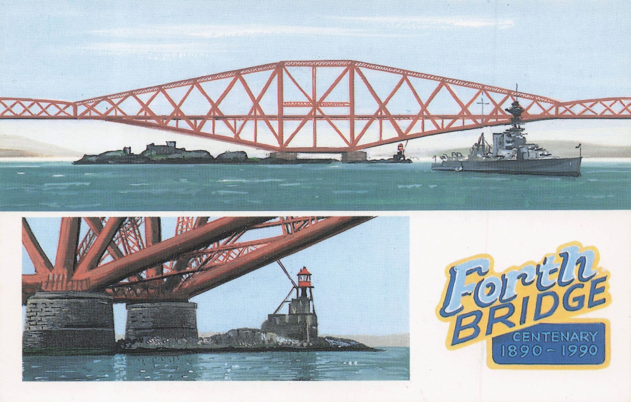 Forth Bridge Ship Passing Reflections Centenary Artist Painting Postcard