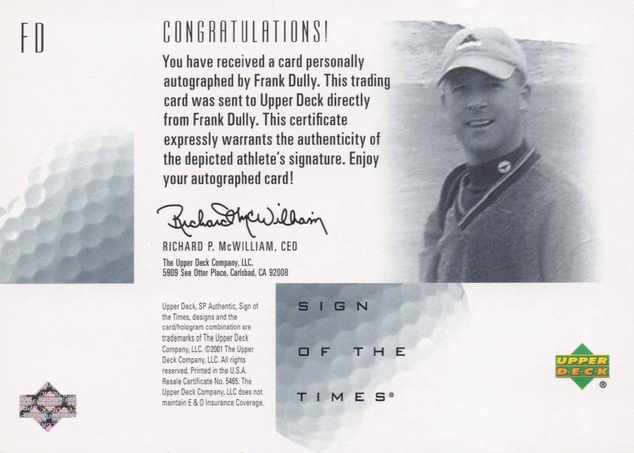 Frank Dully Sign Of The Times Hand Signed 2001 SP Golf Autograph Card