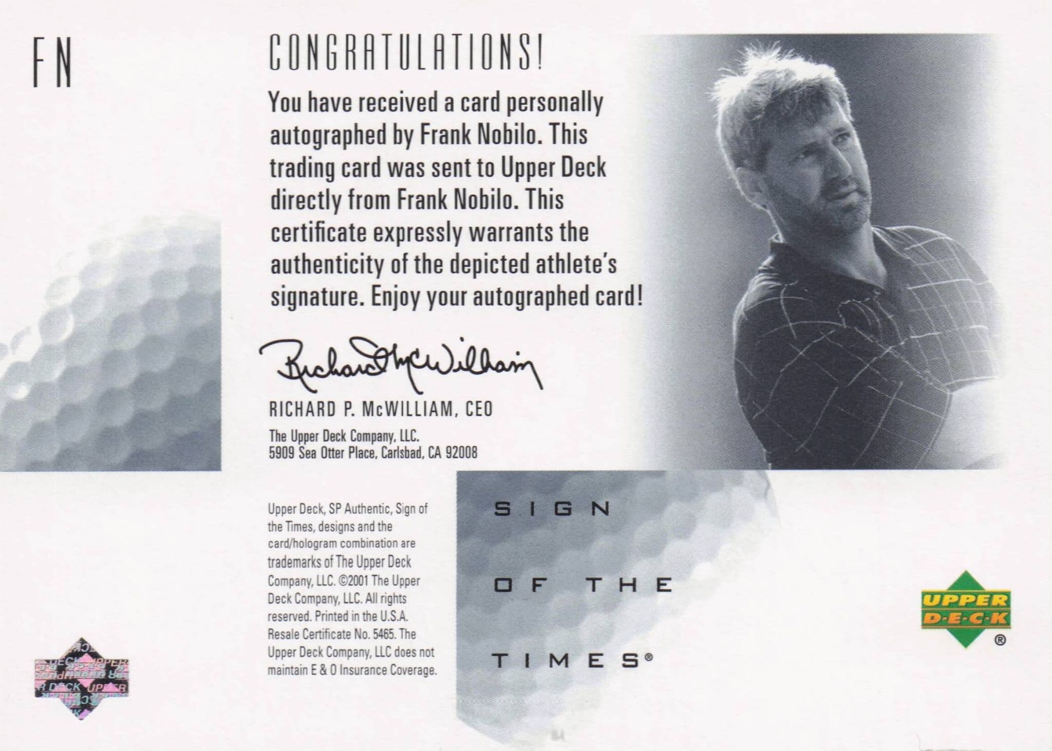 Frank Nobilo Sign Of The Times Hand Signed 2001 SP Golf Autograph Card