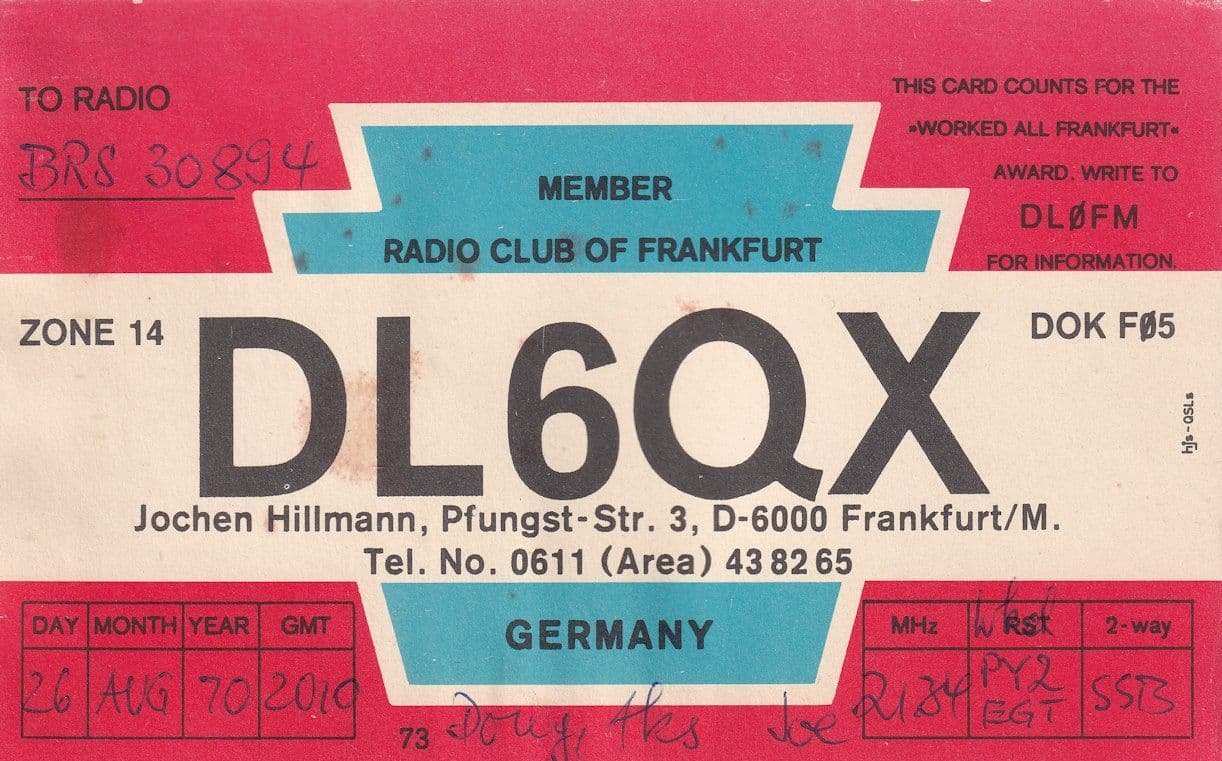 Frankfurt Award QSL German Amateur Radio 1970s Vintage Card