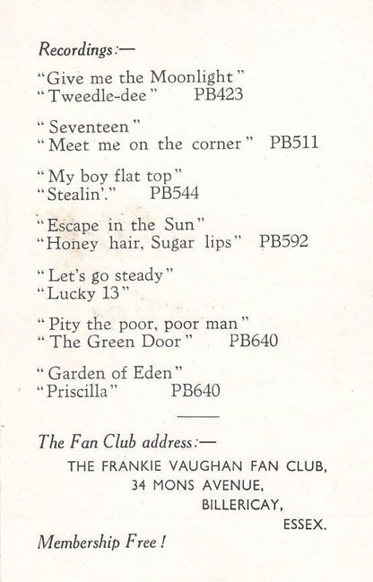 Frankie Vaughan 1950s Fan Club Official Antique Early Career Member Photo Card