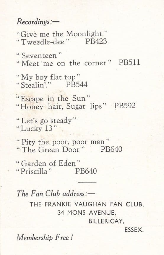 Frankie Vaughan 1950s Fan Club Official Antique Early Career Member Photo Card