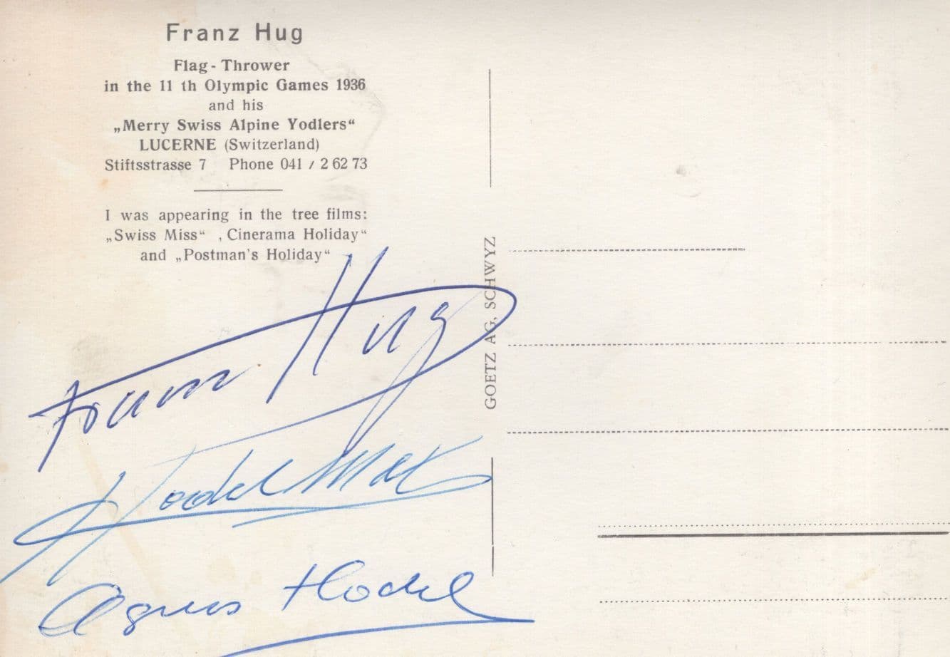 Franz Hug MULTI Olympic Games Swiss King Flag Thrower Hand Signed Photo Postcard