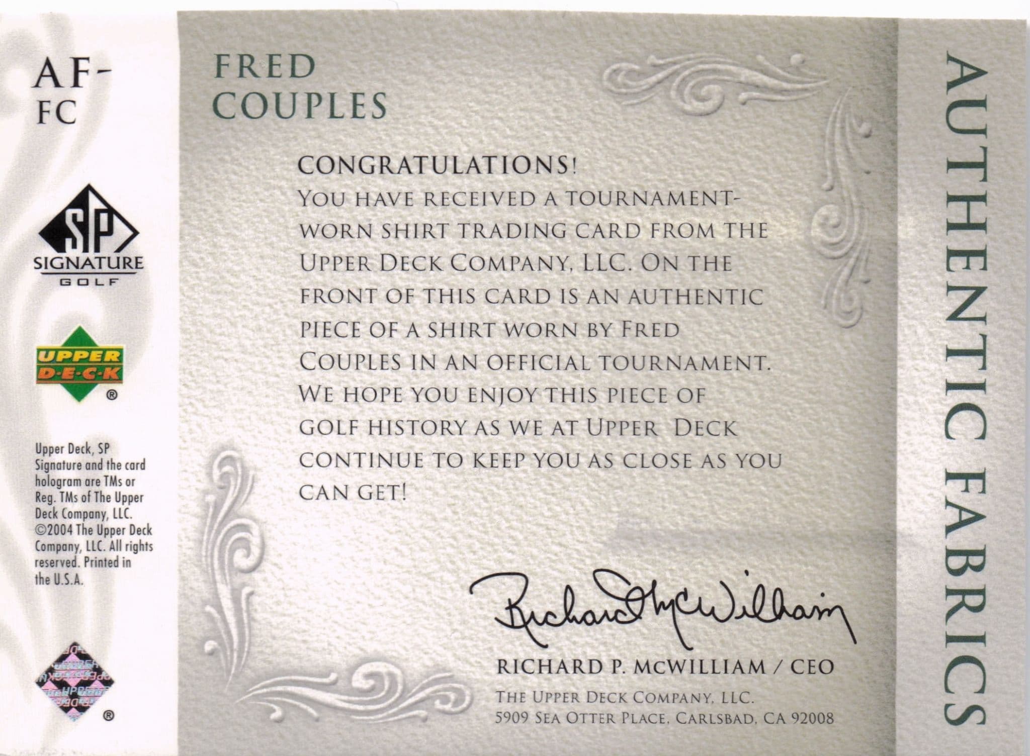 Fred Couples Authentic Fabrics 2004 Upper Deck Real Golf Shirt Card