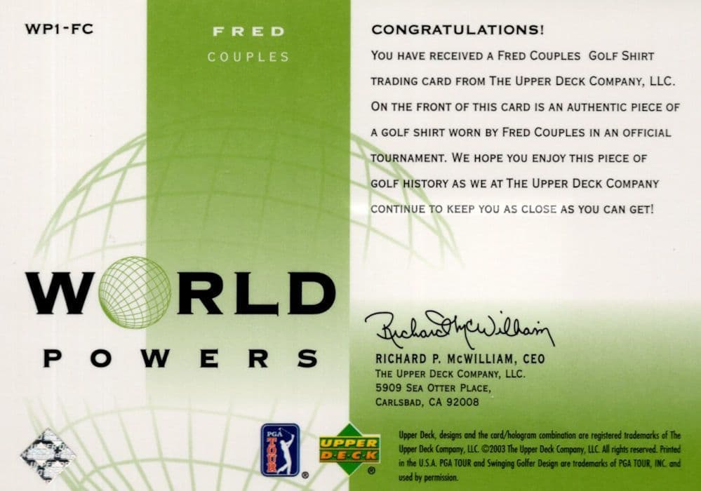Fred Couples Authentic World Powers Golf Upper Deck Relic Shirt Card