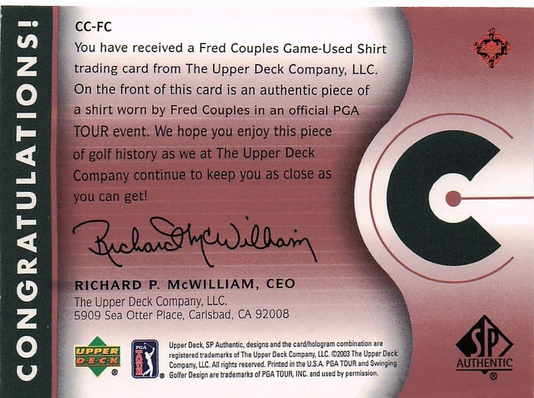 Fred Couples Course Classics 2003 Authentic Worn PGA Tour Golf Shirt Card